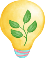 Eco friendly save energy, yellow light blub with green leaf symbol watercolor painting png