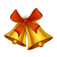 3D Golden Jingle Bell With Red Bow Ribbon On White Background. vector