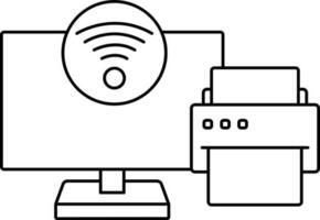 Illustration Of Printer With Computer Icon In Stroke Style. vector