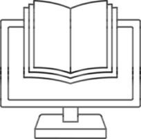 Black Line Art E-Book In Desktop Screen Icon. vector