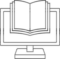 Black Line Art E-Book In Desktop Screen Icon. vector