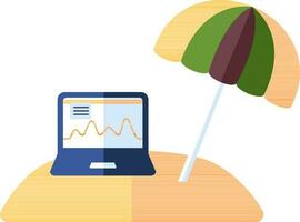playa paraguas con ordenador portátil icono en plano estilo. vector