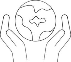 Black Line Art Illustration of Hands Protecting Earth Globe Icon. vector