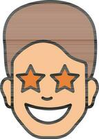 Cartoon Happy Man Face with Star Eyes on White Background. vector