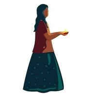 Vector Illustration of Faceless Young Indian Girl Woman Holding Diya.