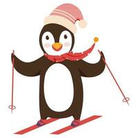 Cartoon Penguin Skiing on White Background. vector