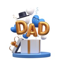 Balloony Golden DAD Text with Hearts, Cap and Eyeglasses Coming Out From Gift Box for Father Day Celebration Concept. png