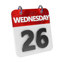 Mercredi 26 Date 3d icône isolé, brillant et brillant 3d le rendu, mois Date journée nom, calendrier, histoire png