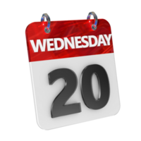 Mercredi 20 Date 3d icône isolé, brillant et brillant 3d le rendu, mois Date journée nom, calendrier, histoire png