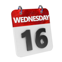 Wednesday 16 Date 3D Icon Isolated, Shiny and Glossy 3D Rendering, Month Date Day Name, Schedule, History png