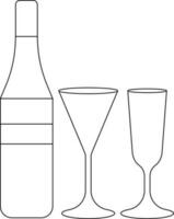 Two cocktail glasses with drink bottle in black line art. vector