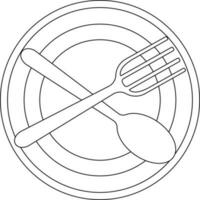 Black line art spoon with fork on plate. vector