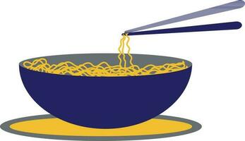 Noodle in bowl on plate with chopsticks. vector