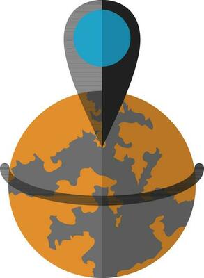 Grey and blue map pointer on orange earth globe.