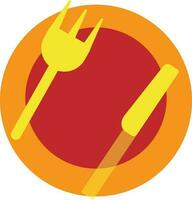 Red and orange plate on yellow fork with knife. vector