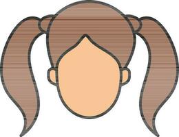 Young Girl Face With Two Side Ponytails Icon In Brown And Orange Color. vector