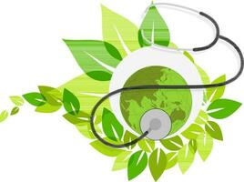 Earth globe with stethoscope on green leaves. vector