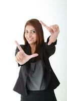 South east Asian young Chinese Indian man woman wearing formal business office ware on white background pose expression photo