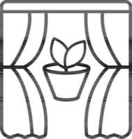 Open window curtain with leaf plant icon in black line art. vector