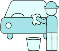 Flat Style Man Cleaning Car with Cloth and Bucket Turquoise Icon. vector