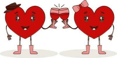 Red And Brown Cartoon Heart Couple Enjoying Drinks Icon. vector