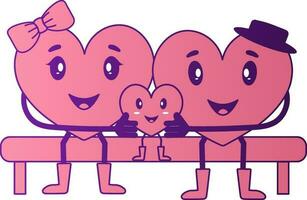 Cartoon Family Hearts Character Sitting On Bench In Pink And Purple Color. vector