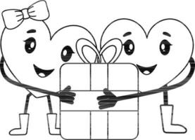 Cute Heart Couples Holding Gift Icon In Black And White Color. vector