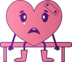 Crying Heart Character Sitting On Bench In Pink And Purple Color. vector