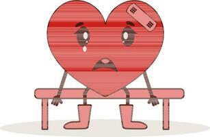 Crying Heart Character Sitting On Bench In Brown And Red Color. vector