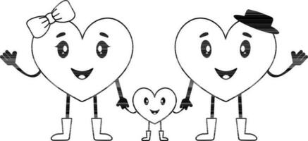 Cartoon Family Hearts Character In Black And White Color. vector