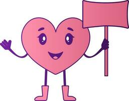 Cartoon Heart Holding Placard Icon In Pink And Purple Color. vector