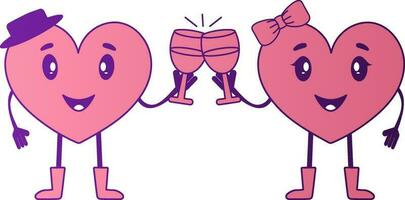 Pink And Purple Cartoon Heart Couple Enjoying Drinks Icon. vector