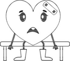 llorando corazón personaje sentado en banco en negro y blanco color. vector