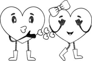 dibujos animados corazón paso volador Beso a amante en negro y blanco color. vector