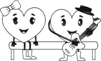 Black And White Cartoon Male Heart Playing Guitar With His Girlfriend Sit On Bench. vector