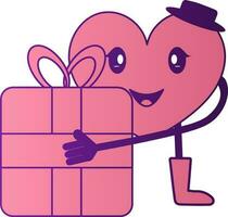 Cartoon Male Heart Holding Gift Box In Pink And Purple Color. vector