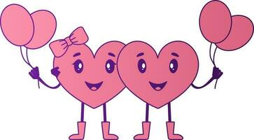 Lovely Heart Couple Holding Balloons In Pink And Purple Color. vector