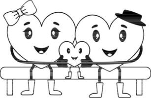 Cartoon Family Hearts Character Sitting On Bench In Black And White Color. vector