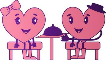 dibujos animados corazón Pareja disfrutando Fechado a mesa en rosado y púrpura color. vector