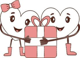 Vector Illustration Of Cute Heart Couples Holding Gift In Flat Style.