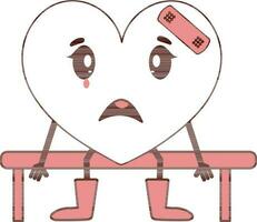 Crying Heart Character Sitting On Bench In Stroke Style. vector