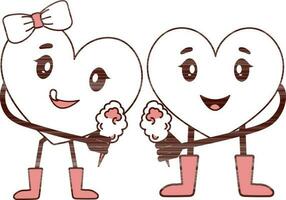 Stroke Style Lovely Heart Couple Enjoying Ice Creams Icon Or Symbol. vector