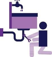 Character of man holding wrench and falling water in sink. vector