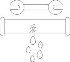 Black line art broken pipe with wrench in flat style. vector