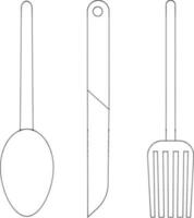 Black line art knife, fork and spoon. vector