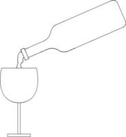 Serving wine in a glass with a bottle in black line art. vector