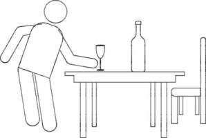 Cocktail glass with bottle on table and character of human. vector