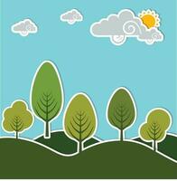 Abstract trees, sun, clouds in field. vector