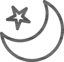 Crescent Moon With Star Icon In Black Line Art. vector