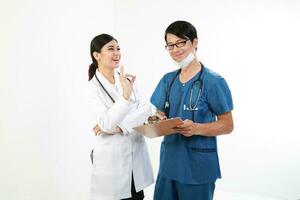 Young Asian male female doctor wearing apron uniform tunic apron hold photo